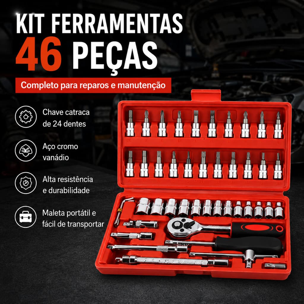Jogo Completo de Soquetes e Ponteiras 46PCS com Chave Catraca para Reparo Automotivo
