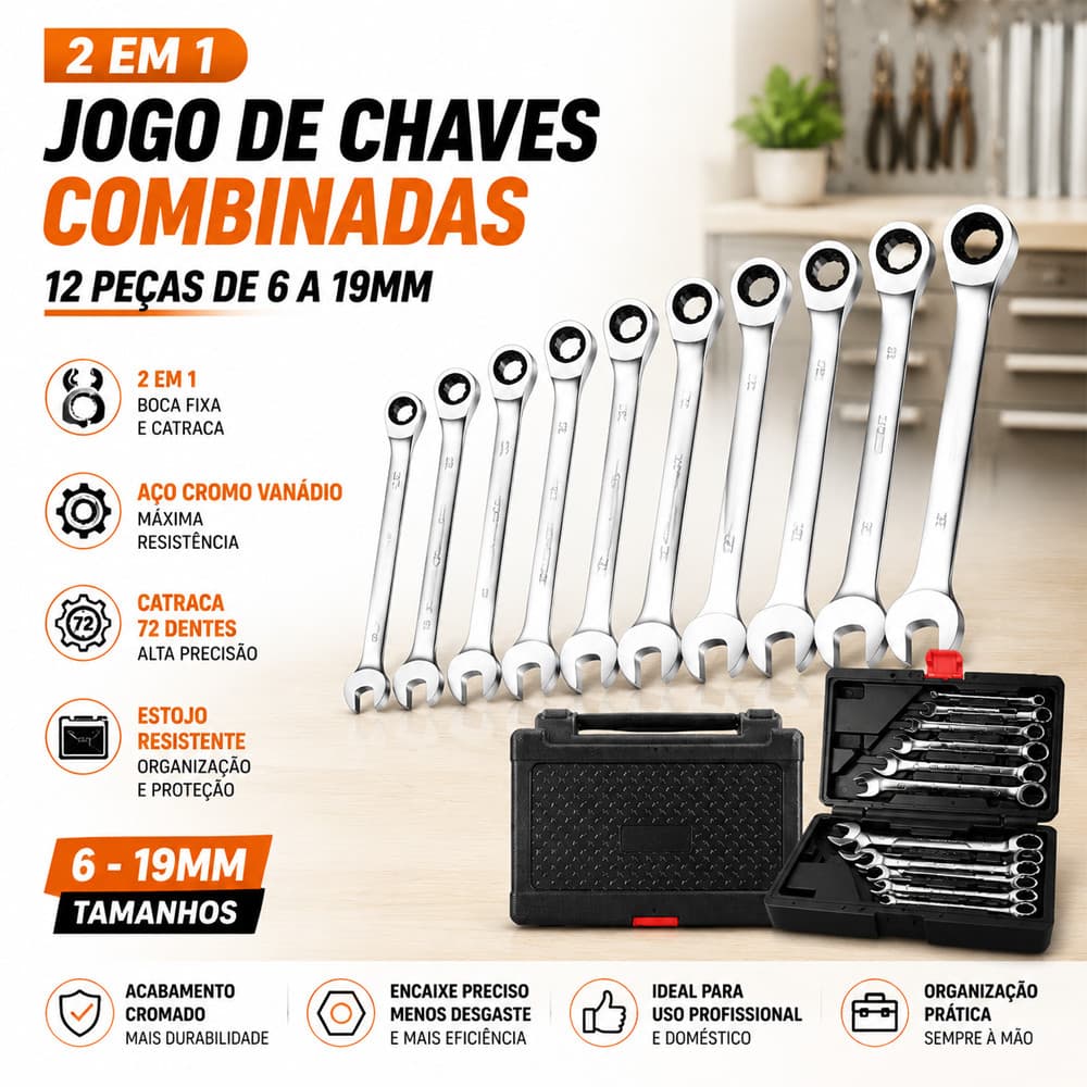 2 em 1 Jogo de Chaves Combinadas com Catraca – 12 Peças de 6 a 19mm | Aperto Rápido Vem com caixa de ferramentas