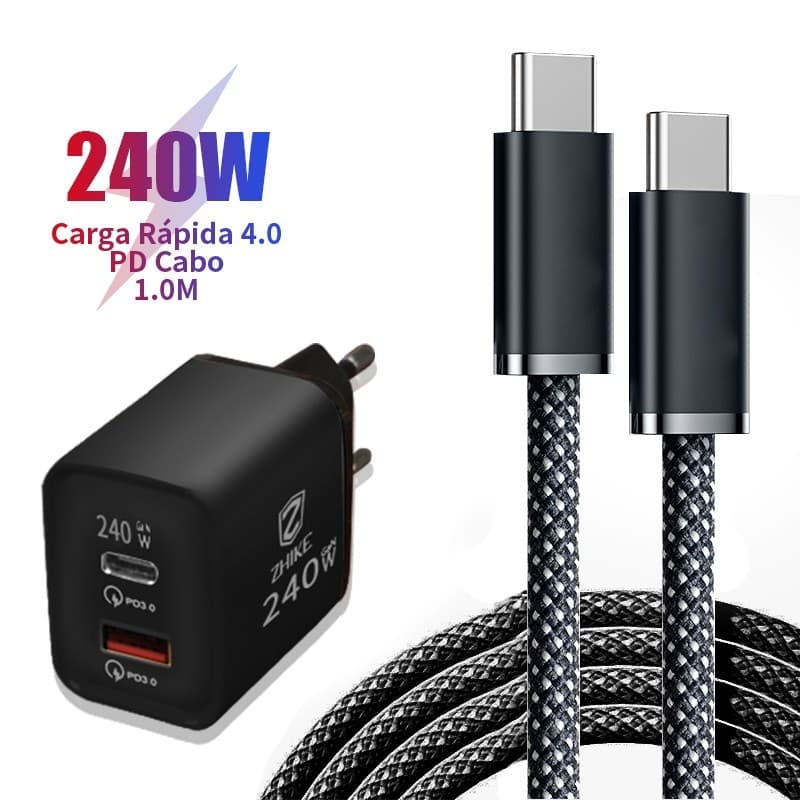 Carregador 240W ZHIKE Kit Celular Carregamento Rápido PD Tipo C e Cabo GaN Adaptador USB-C Carregador de Parede Portátil