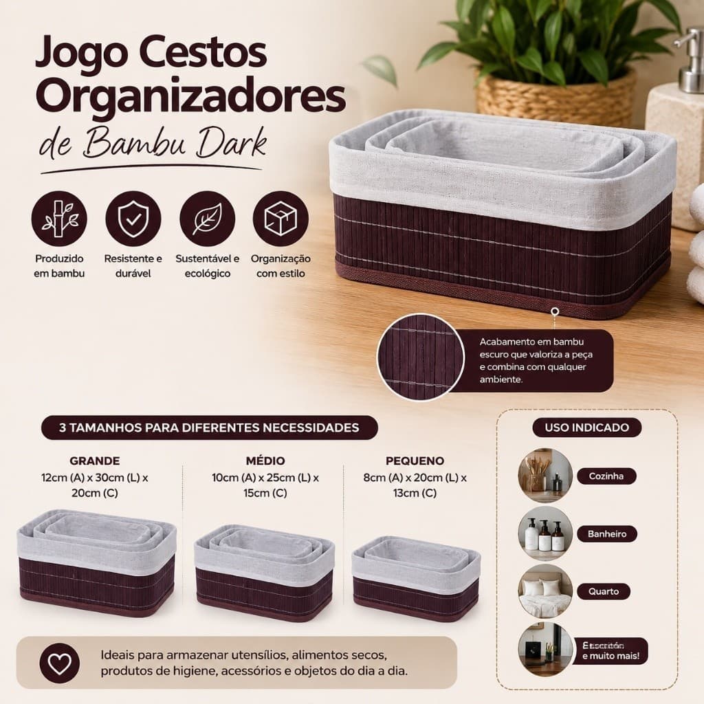 Ofertão Kit Cestos Bambu Dark Organizadores Cesta Organizadora Banheiro Quarto Cozinha Decoração Armazena