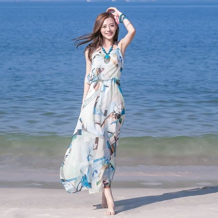 Vestido feminino vestido de praia Sanya férias viagem praia vestido Chiffon Floral estilingue vestido longo