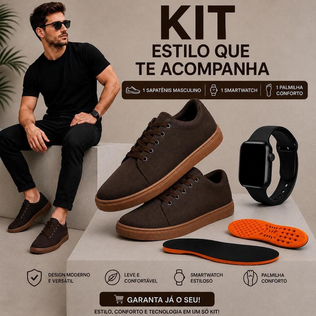 Kit Sapato Sapatênis Masculino Casual + Relógio Smartwatch + Palmilha Conforto