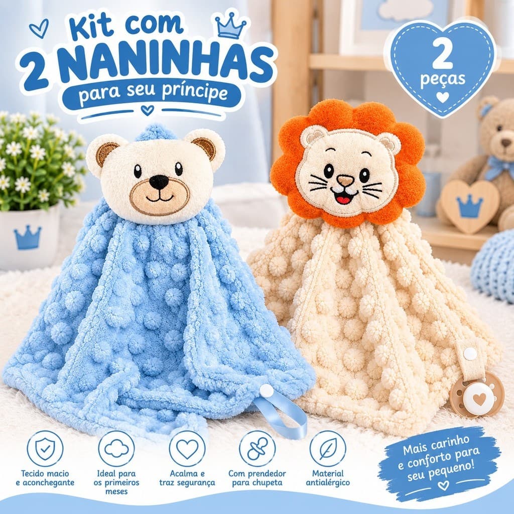 Kit 2 Naninhas Infantil para Bebê Menina Menino  Pipoquinha Prendedor de Chupeta 25 X 23 CM