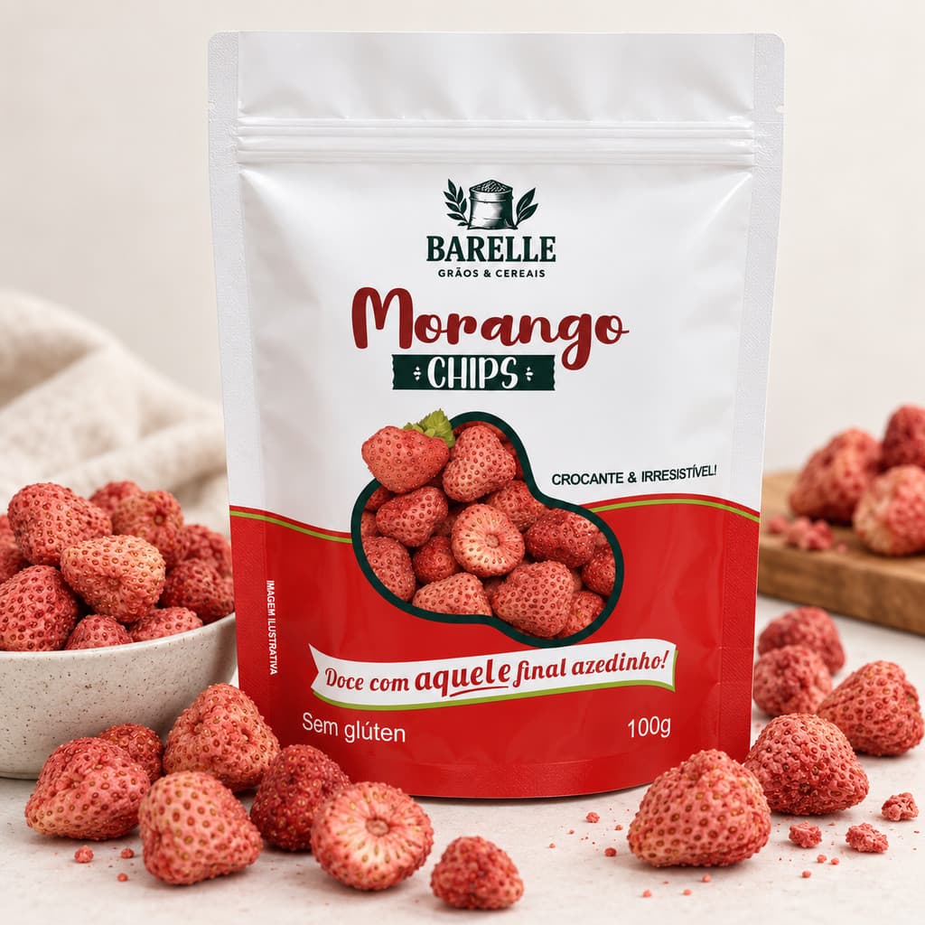 Morango Liofilizado Chips Snack Saudável Premium Barelle Embalagem Premium
