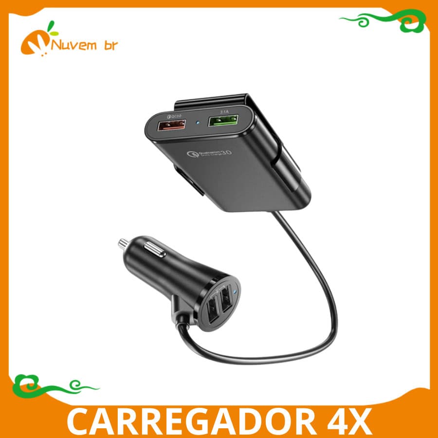 Carregador veicular automotivo 4x portas USB Carro carregamento Super rápido universal Turbo extensão 1.8M 36W 8A -NUVEM