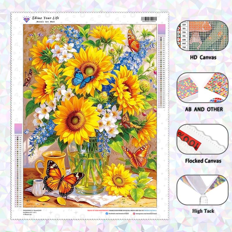 [PL Diamantes AB Atualizados + Tecido Flocado] Borboleta Girassol Pintura De Diamante 5D DIY Artesanato Mosaico Bordado 