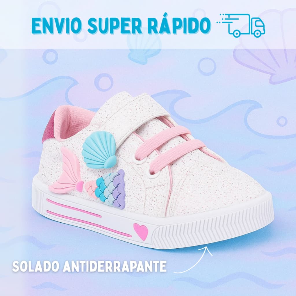 Tênis Infantil Feminino Sereia com Glitter Rosa Velcro Confortável Antiderrapante Detalhe 3D Original