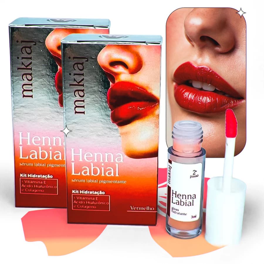 Henna Labial Makiaj 3ml Sérum Labial Hidratante e Pigmentado Cor Rosa e Vermelho