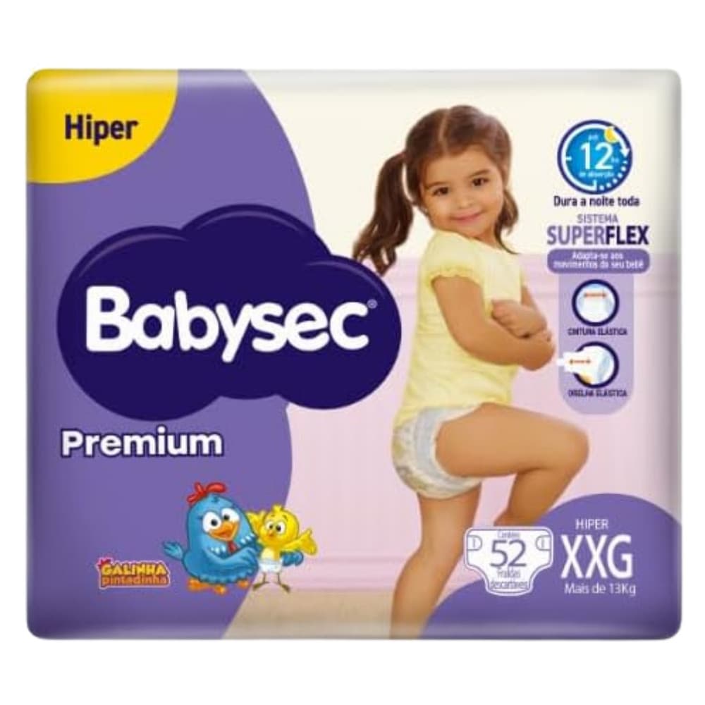 Pack 1x Fralda BabySec Premium Hiper XXG Galinha Pintadinha Pacote c/52un – Economia e Conforto