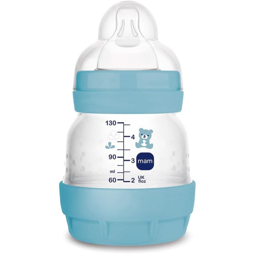 MAMADEIRA MAM EASY START 130ML AZUL MENINO BICO SKINSOFT ANTICOLICA BEBÊ AUTOESTERLIZAVEL C/PROTEÇÃO