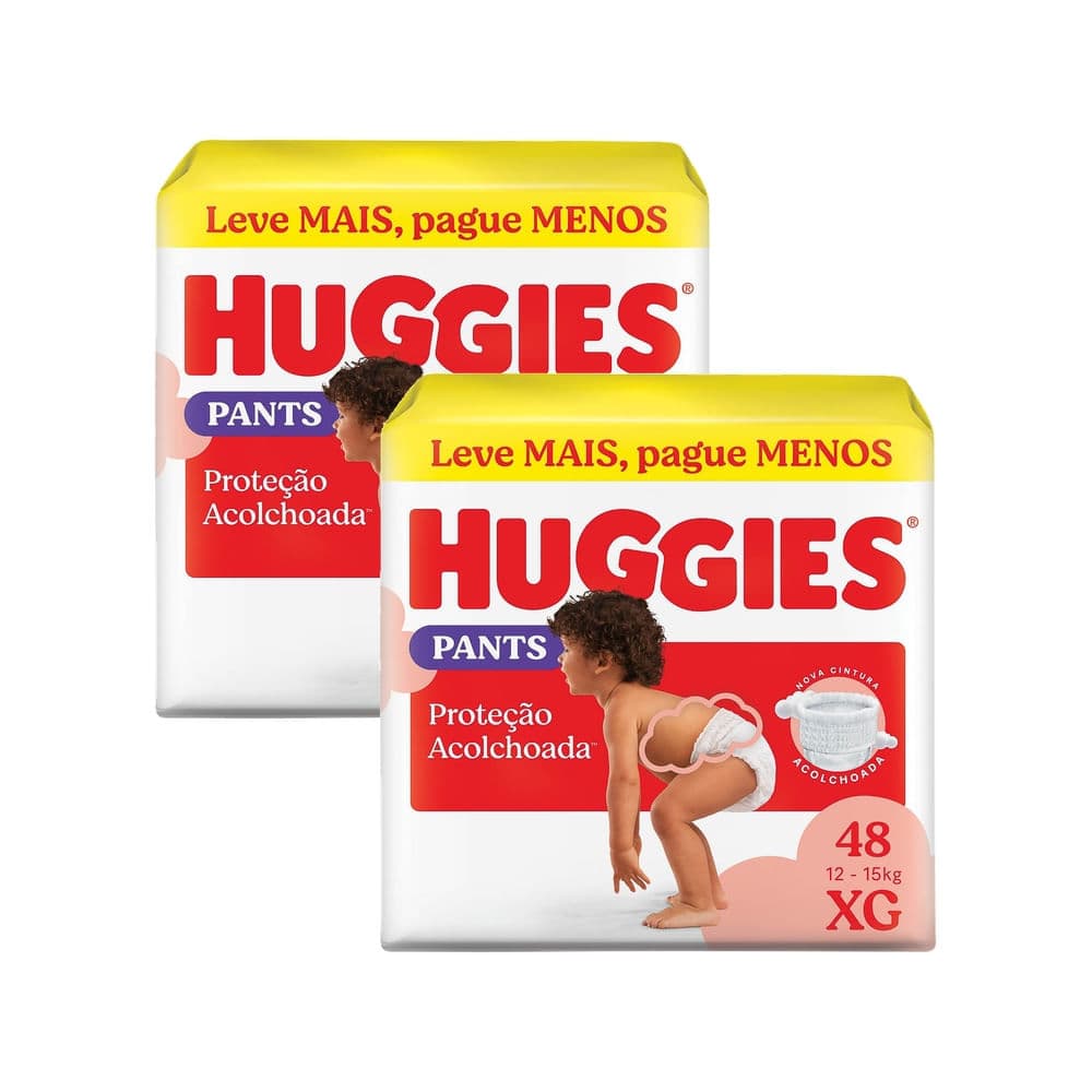 Kit 2 Fralda Huggies Pants Roupinha Proteção Acolchoada Tamanho XG Pacote Hiper 48 Unidades Descartáveis
