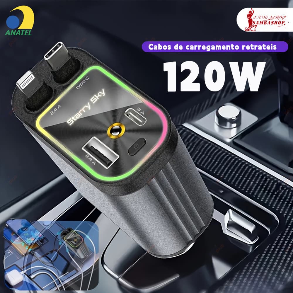 Carregador Rápido Retrátil Automotivo 180° Giratório 4 em 1 Cabo Extensível para iPhone e Android