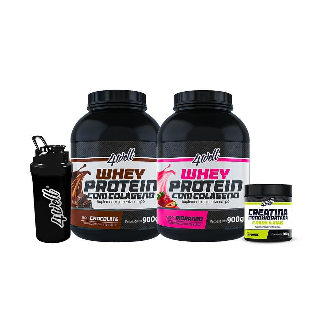 Combo 2x Whey Protein  - Sabor Chocolate e Morango 900g + Creatina 300g + Coqueteleira - 4well