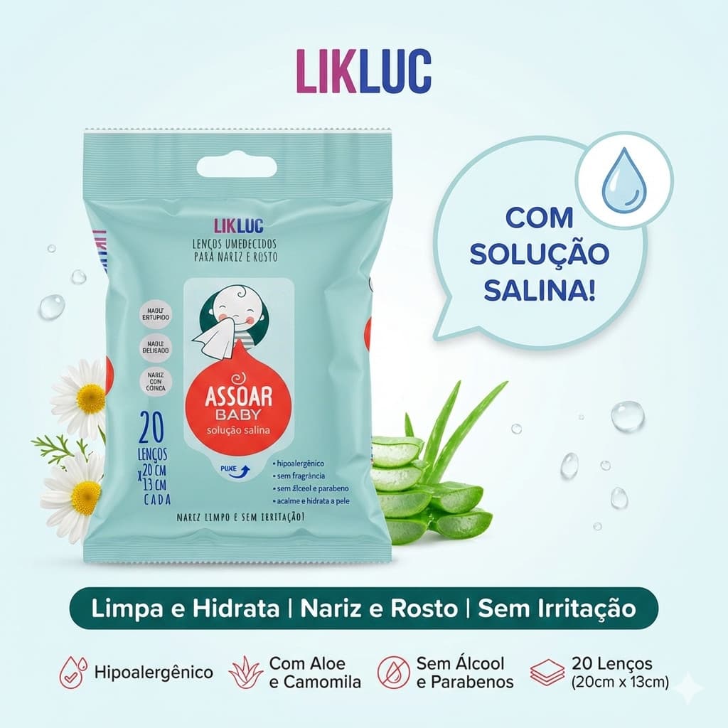 Lenço Umedecido Nariz Escorrendo Assoar Baby Likluc Soro Fisiológico 20un Limpa Nariz, Sem Álcool