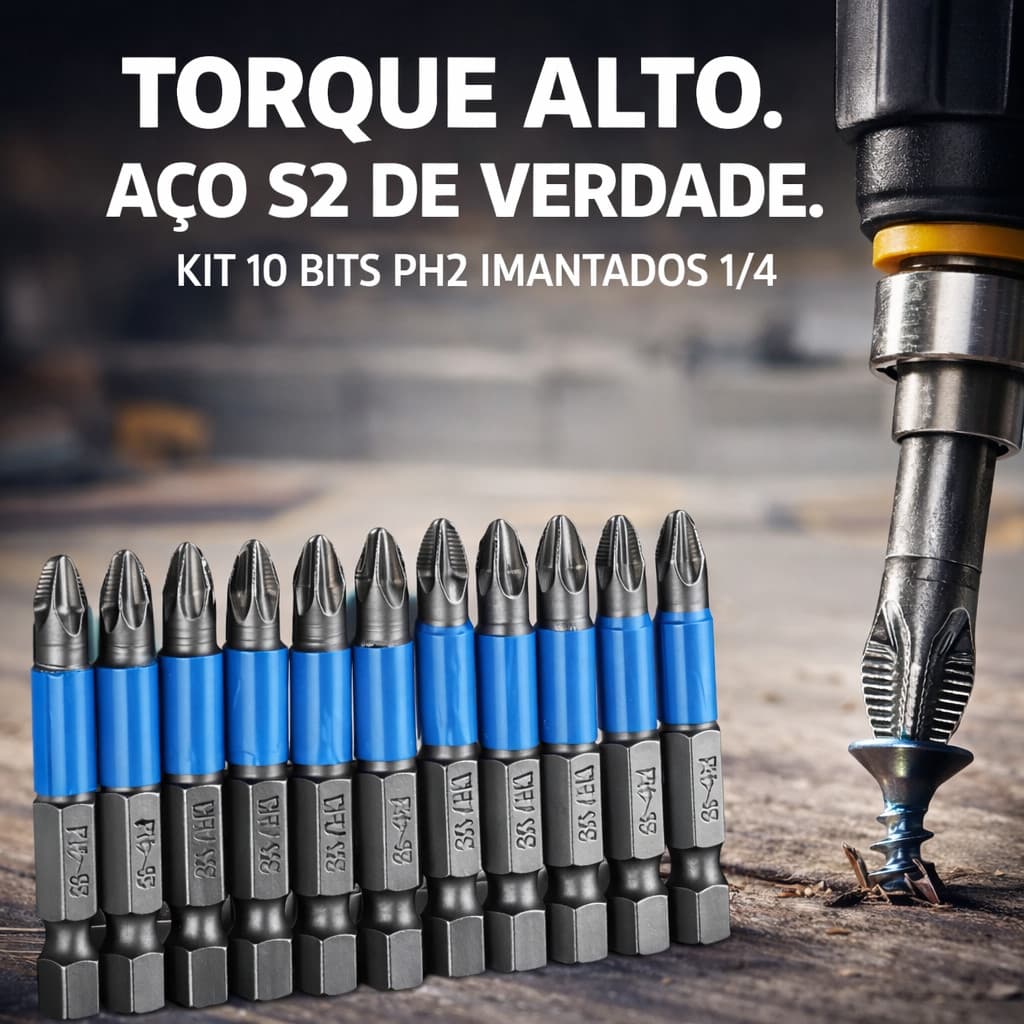 Jogo 10 Bits Phillips Imantados Antiderrapante para Furadeira Parafusadeira Aço S2