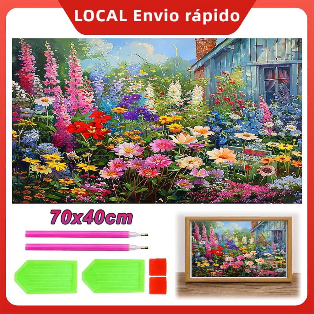 Conjunto Terapêutico Pintura de Diamante 5D 70x40cm Quadrada, Kit Anti-Stress Completo,Flores silvestres
