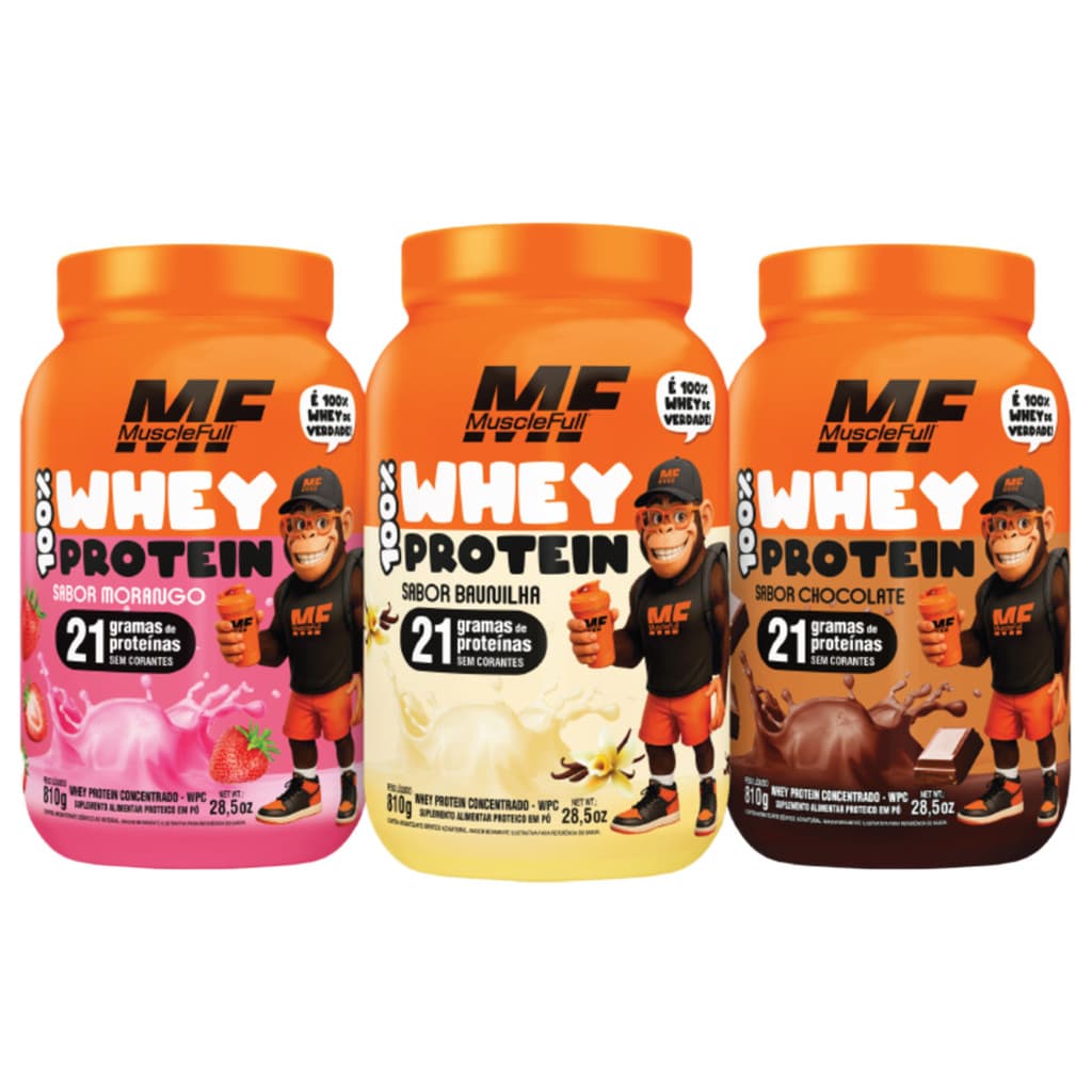 Kit 3 Unidades Whey Protein 100% Sabores Morango,Baunilha,Chocolate  810g Muscle Full