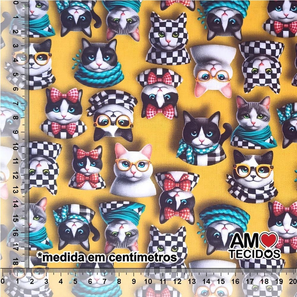 Tecido Tricoline 100% Algodão Gatinhos Estilosos Digital 3D 50x150cm Patchwork Laços Artesanato