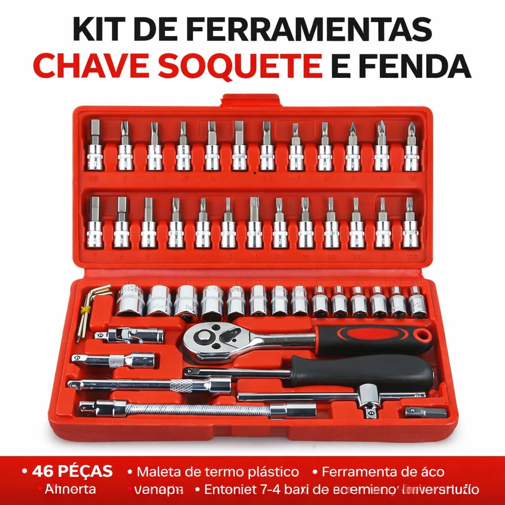 Kit de Ferramentas com 46 Peças + Maleta com Jogo de Soquete Reversível Catraca | Conjunto de Chaves Jogo Completo