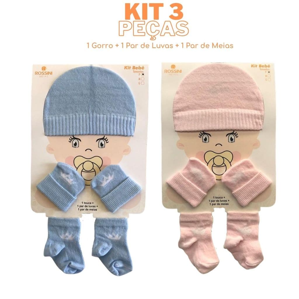 Kit 3 Peças Gorro Meia Luva Bebê Enxoval Maternidade Chá do Bebê