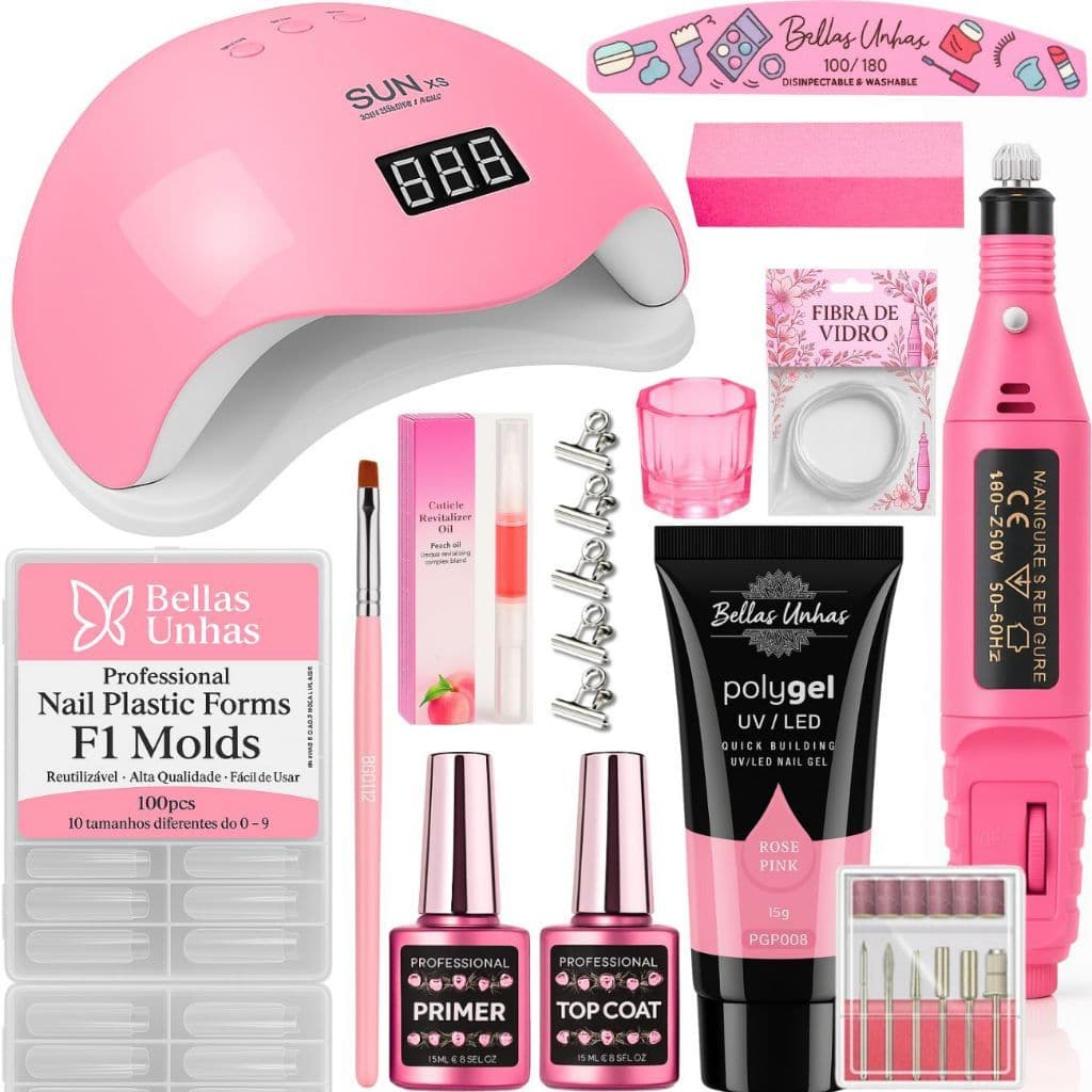 Kit Polygel 30g Poligel Alongamento Unhas Manicure Completo + Cabine Sun + Motorzinho Unhas Profissional