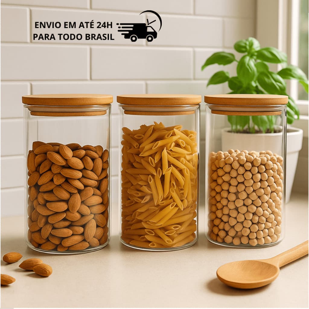 Kit 3 Potes de Vidro 800ml Tampa de Bambu Hermetico Premium Redondo Mantimentos Tempero Alimentos