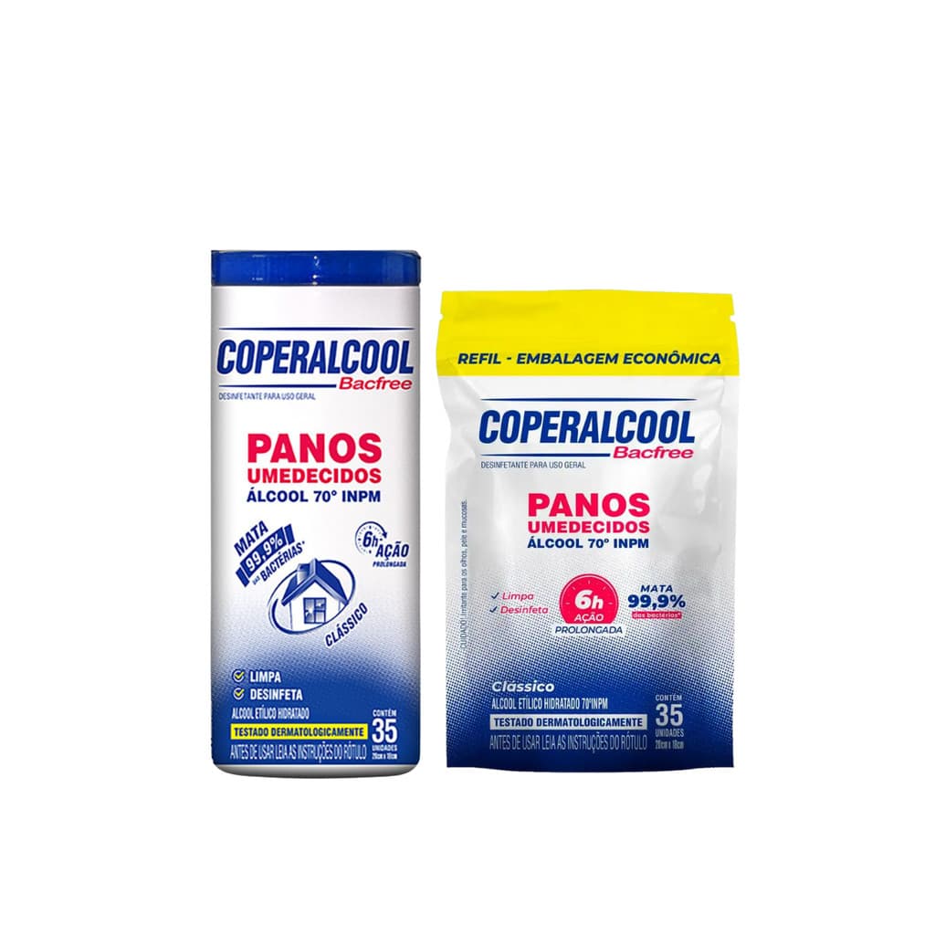 Kit 01 Pote + 01 Pacote Refil de Lenço Umedecido com Álcool 35 lenços cada Coperalcool