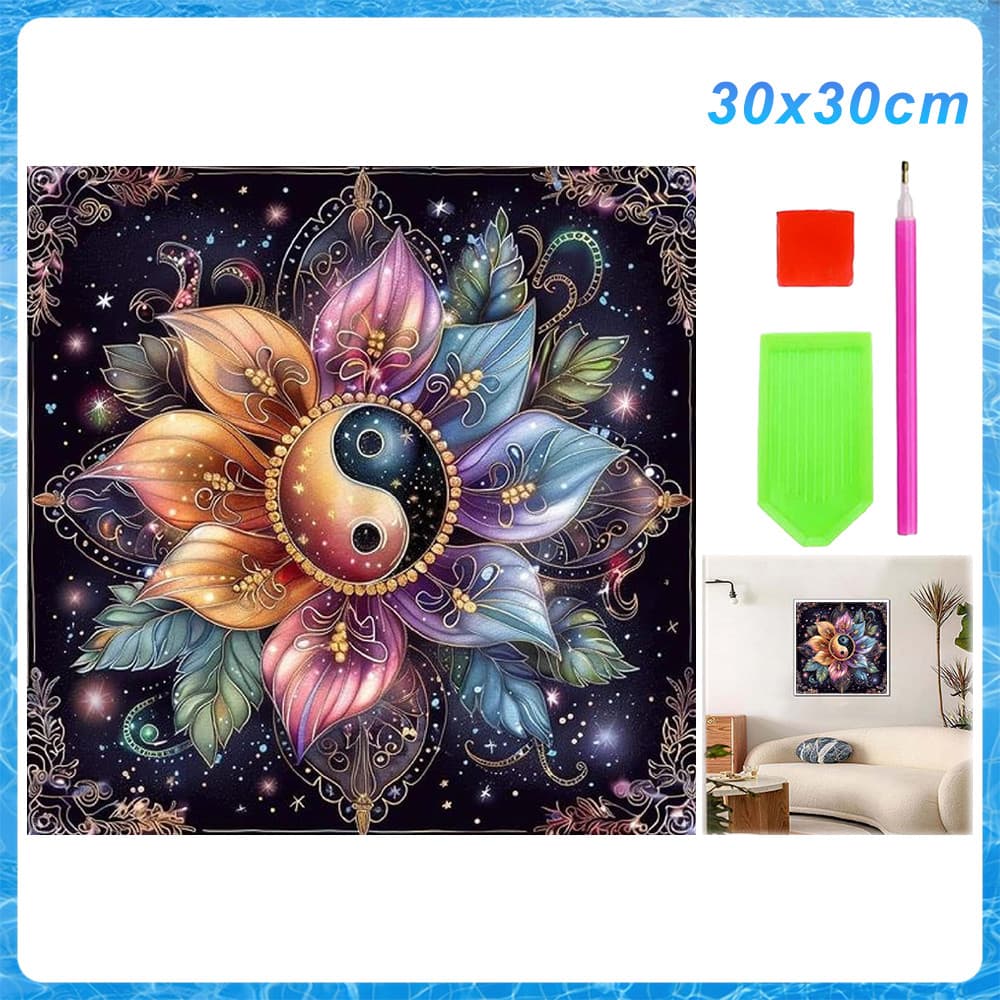 Conjunto Completo Pintura com Diamantes 5D 30x30cm Quadrada, DIY Terapêutico para Iniciantes,Flor de Bagua