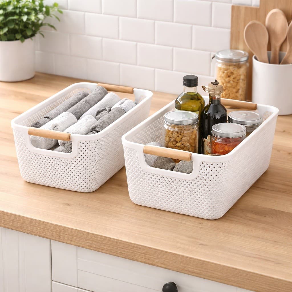 Jogo 2 Cestos Organizador Plástico com Alça Madeira Bambu para Porta Higiene Banheiro e Cozinha Prático