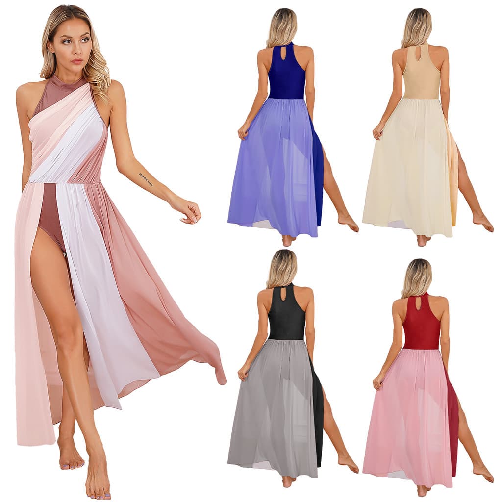 inhzoy Vestido Feminino Fashion Colorido Bloco , Gola Simulada , Buraco De Fechadura , Costas , Sem Mangas , Vestidos Di