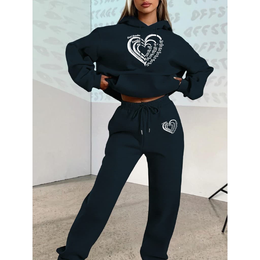 Novo Chegada Outono/Inverno 2025, Conjunto Casual de Moletom com Capuz e Calça Cós Ajustável em Estampa Gráfica