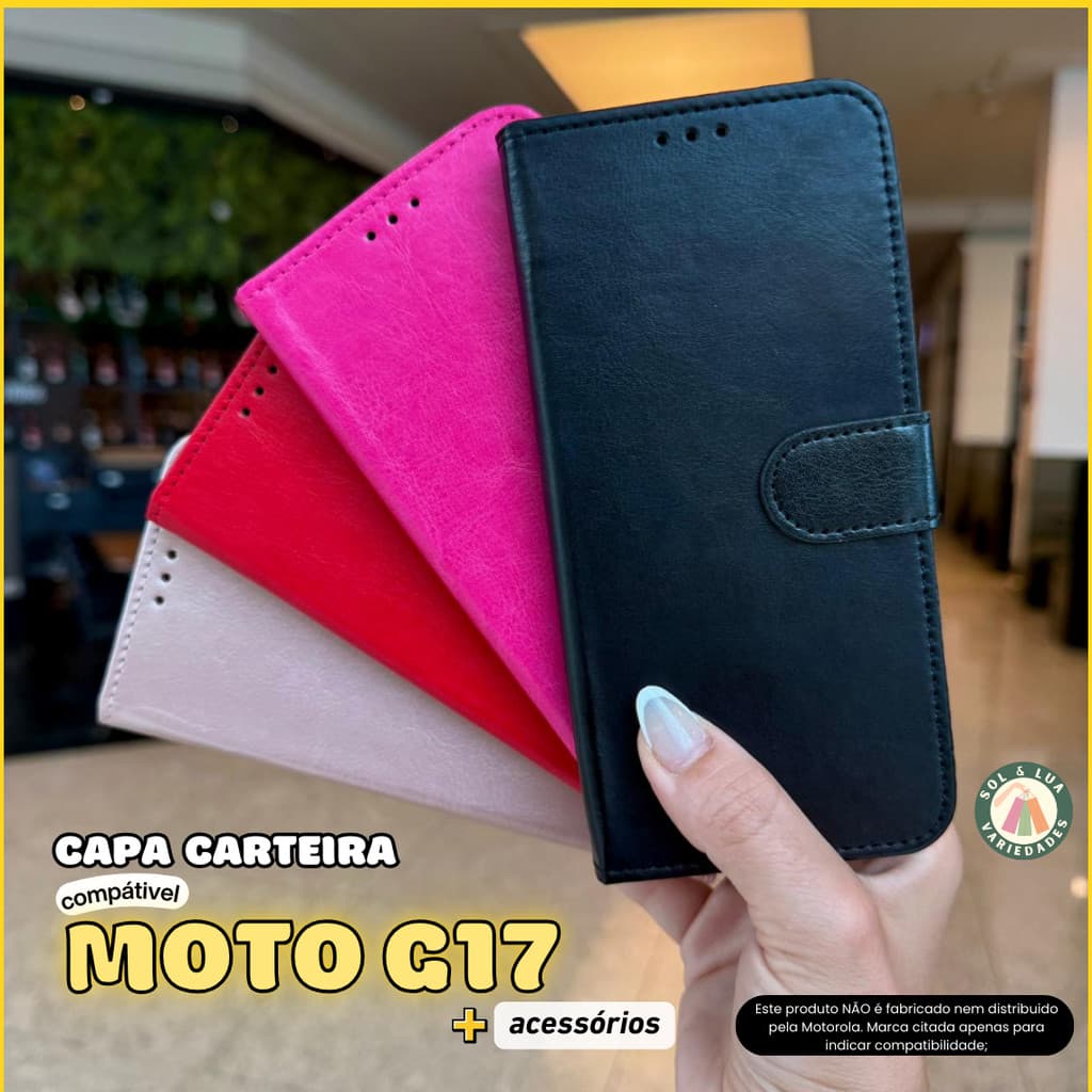 Capa Carteira Para Moto G17 Couro Sintético + Película 3D Cerâmica Privacidade Câmera