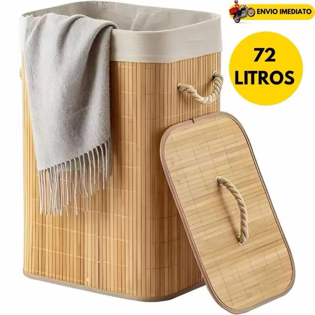 Cesto de Roupa Suja de Bambu 72L com Tampa e Alça – Dobrável, com Forro Ideal para Banheiro e Quarto
