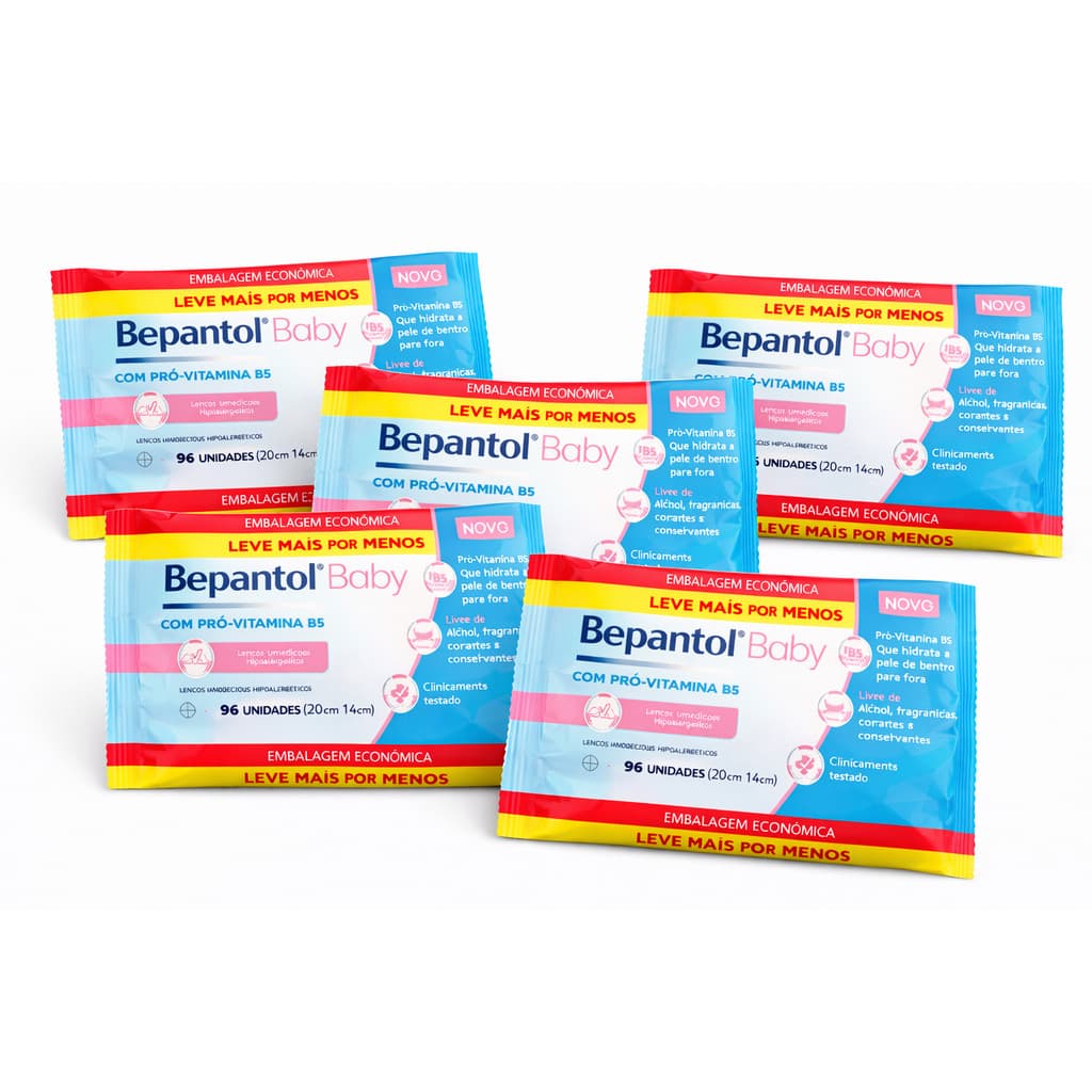 Kit com 5 Lenços Umedecidos Bepantol Baby 96 Unidades