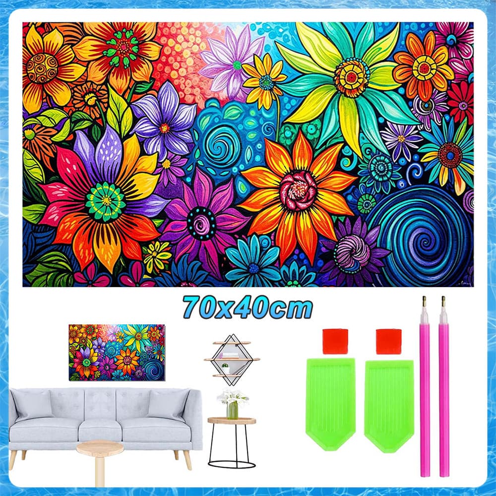Conjunto Completo Pintura com Diamantes 5D 70x40cm Quadrada, DIY Terapêutico para Iniciantes,flores coloridas