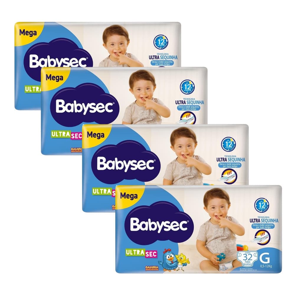 Pack 4x BabySec Ultrasec Mega G Galinha Pintadinha – 32 Unidades- Fraldas com Elásticos suaves
