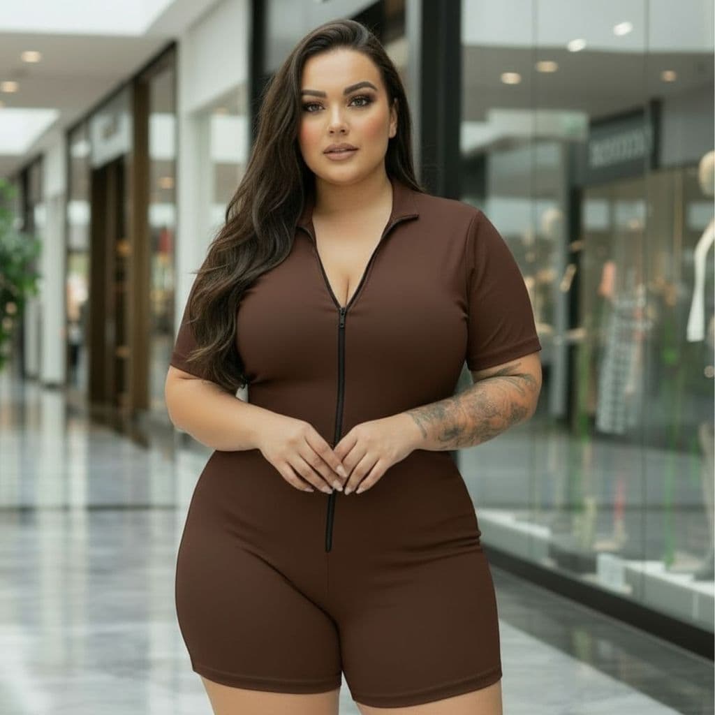Macação Suplex Plus Size Justo Curto Com Zíper Elegante Virginia Moda Fitness Alta Elásticidade