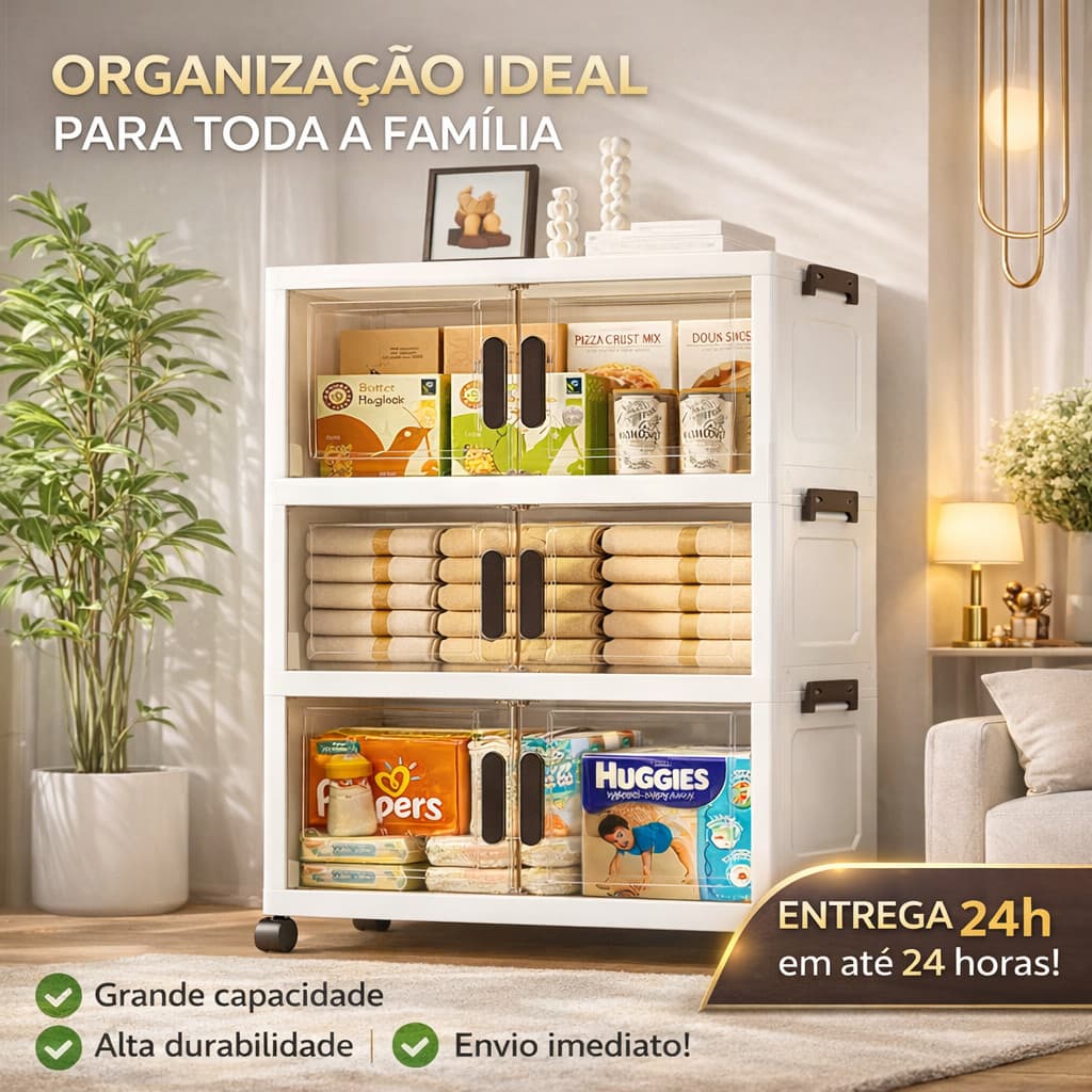 Armário Organizador Dobrável 3 Portas com Rodinhas – Empilhável Multiuso para Cozinha e Quarto