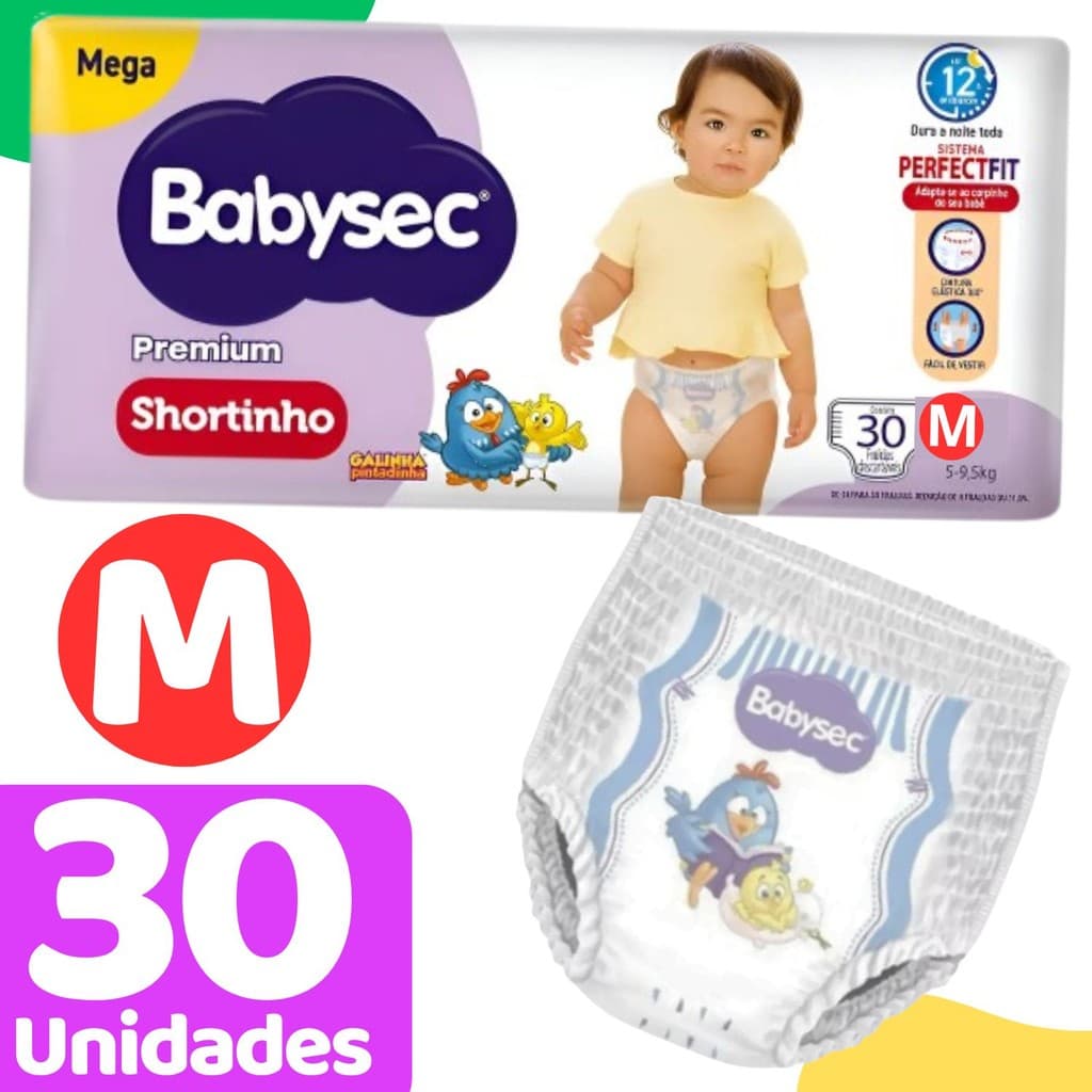 Fralda Premium Shortinho Galinha Pintadinha M 30 und 5-9, 5Kg Babysec