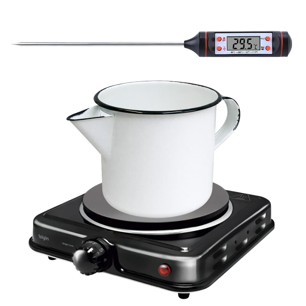 Kit Fogão 110v Caneca Esmaltada Termomêtro Velas Artesanato Branca 1L Preto Escuro Elétrico Digital