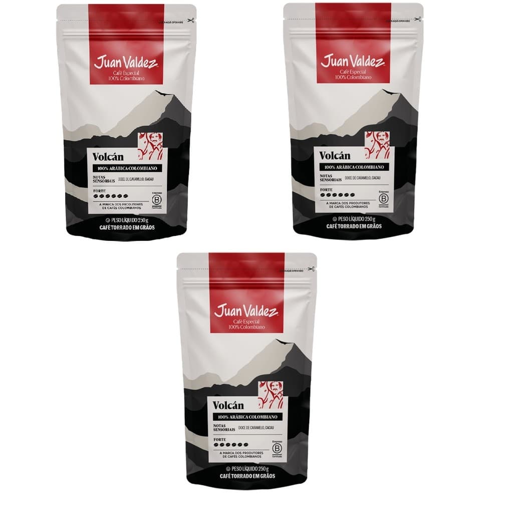 Kit 03 pcts Café Em Grãos Colombiano Juan Valdez Premium Vulcan 250Gr cada
