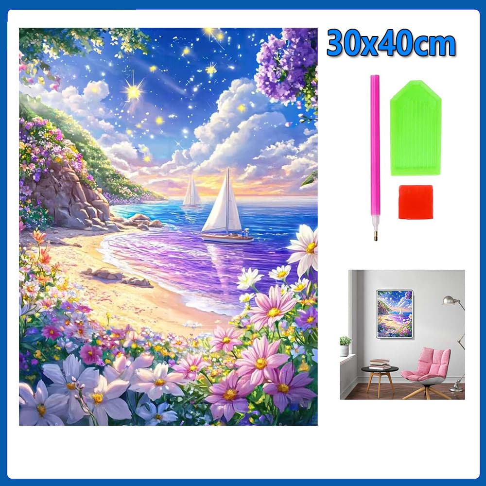 30x40cm Praia roxa Pintura Diamante 5D Pintura de Diamante Conjunto De Pintura Com Diamante Conto De Quadrado 5D Kits