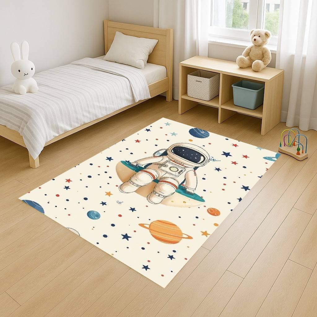 Tapete Retangular 100x140 Antiderrapante Astronauta Galáxia Lua Criança Familia Infantil Diversão Decoração Quarto Sala