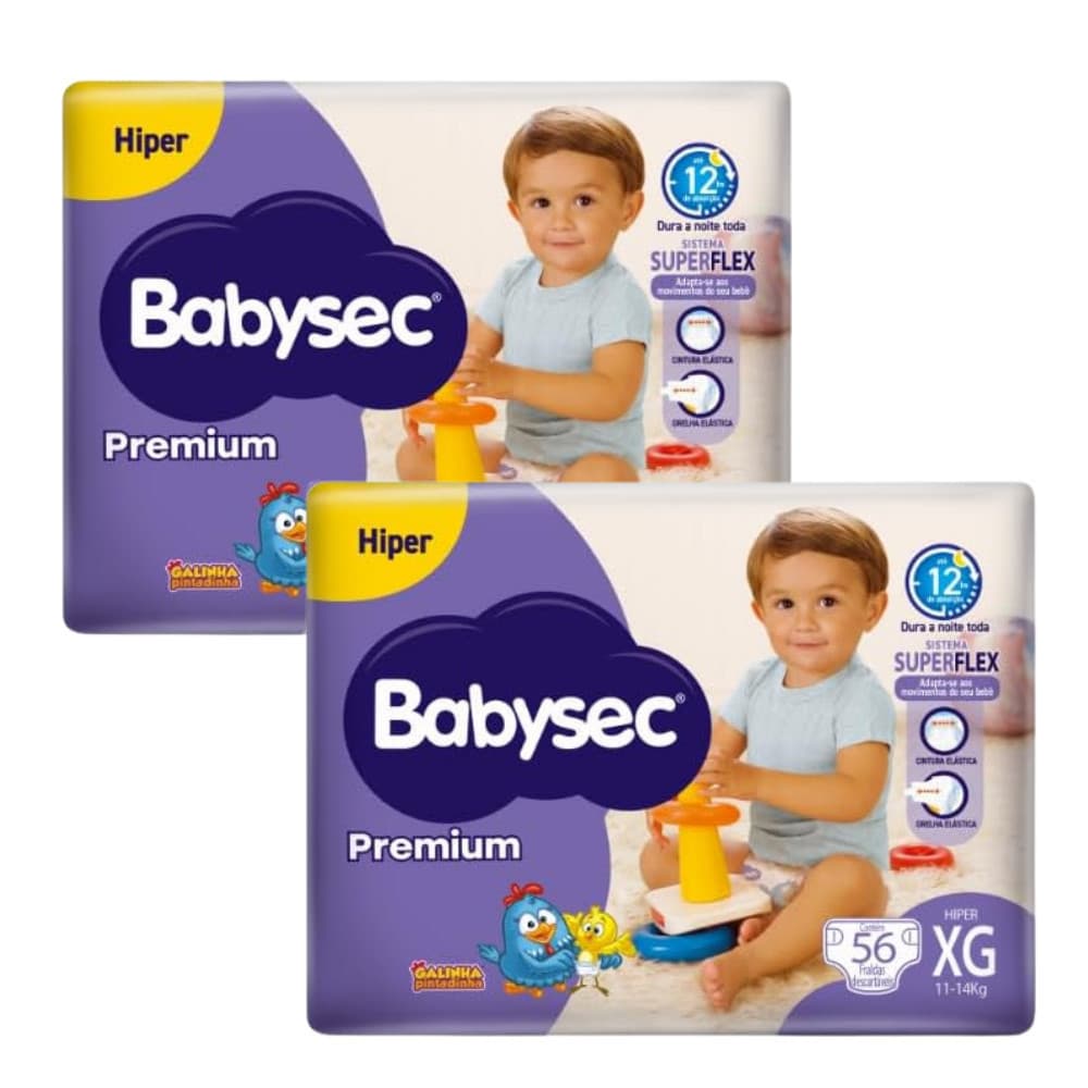2x Pacote c/56unidades de Fralda Infantil BabySec Premium Hiper XG Galinha Pintadinha – Super Absorção + Ajuste Perfeito