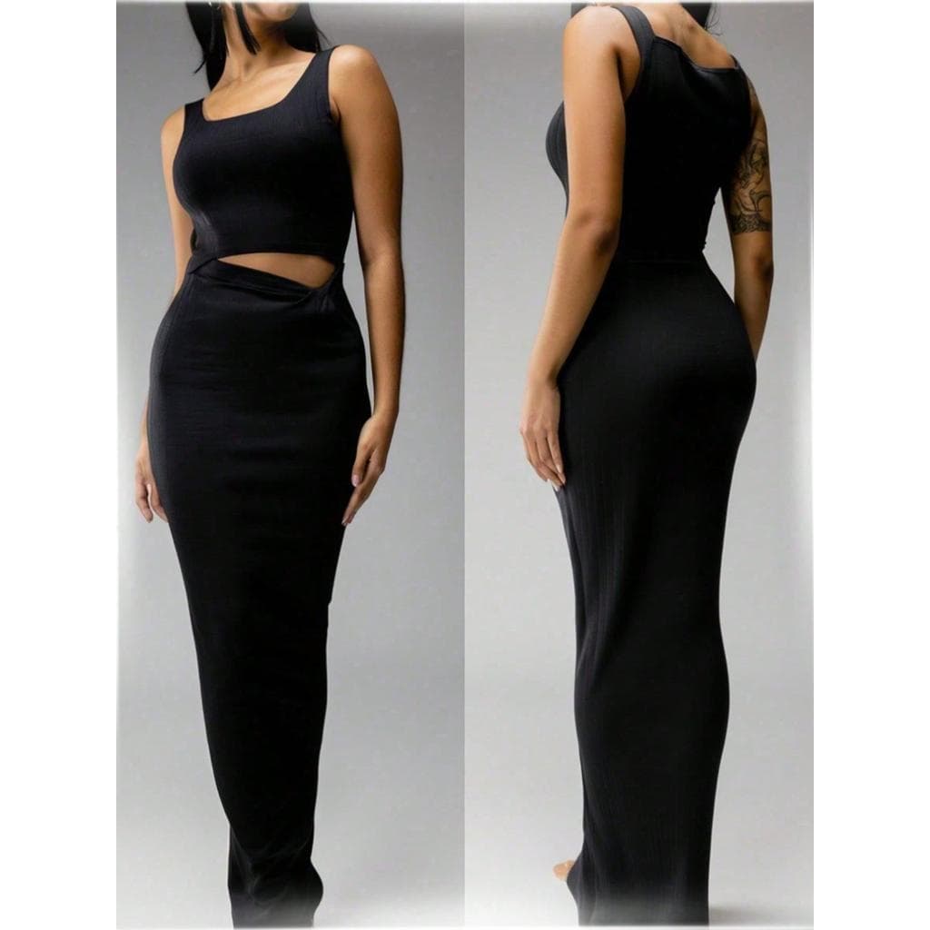 Vestido Feminino Longo Colado com Recorte na Cintura Sem Manga Ajustado Elegante Sensual Moderno Vestido Longo Feminino