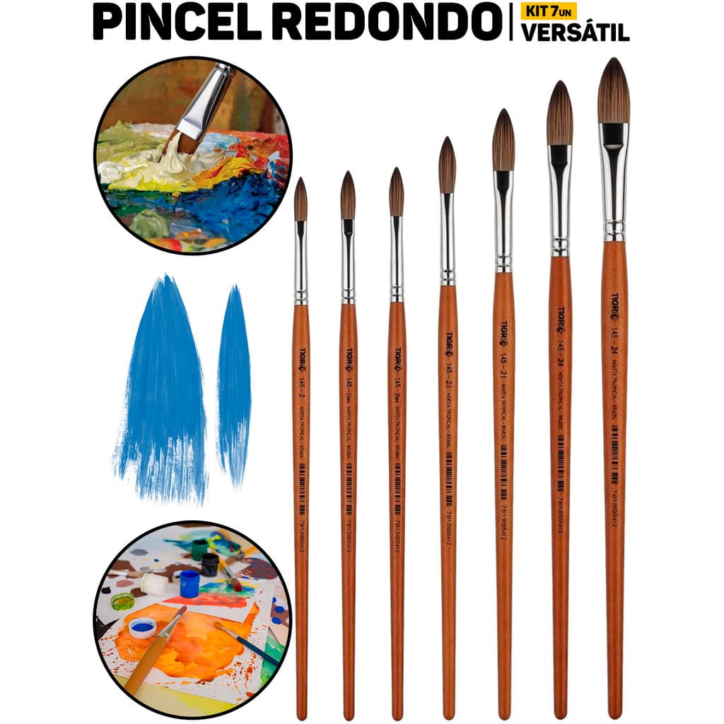 Kit Completo 7 Pincéis Redondo Marta Tropical 145 Tigre Profissional Pintura Em Tela Madeira