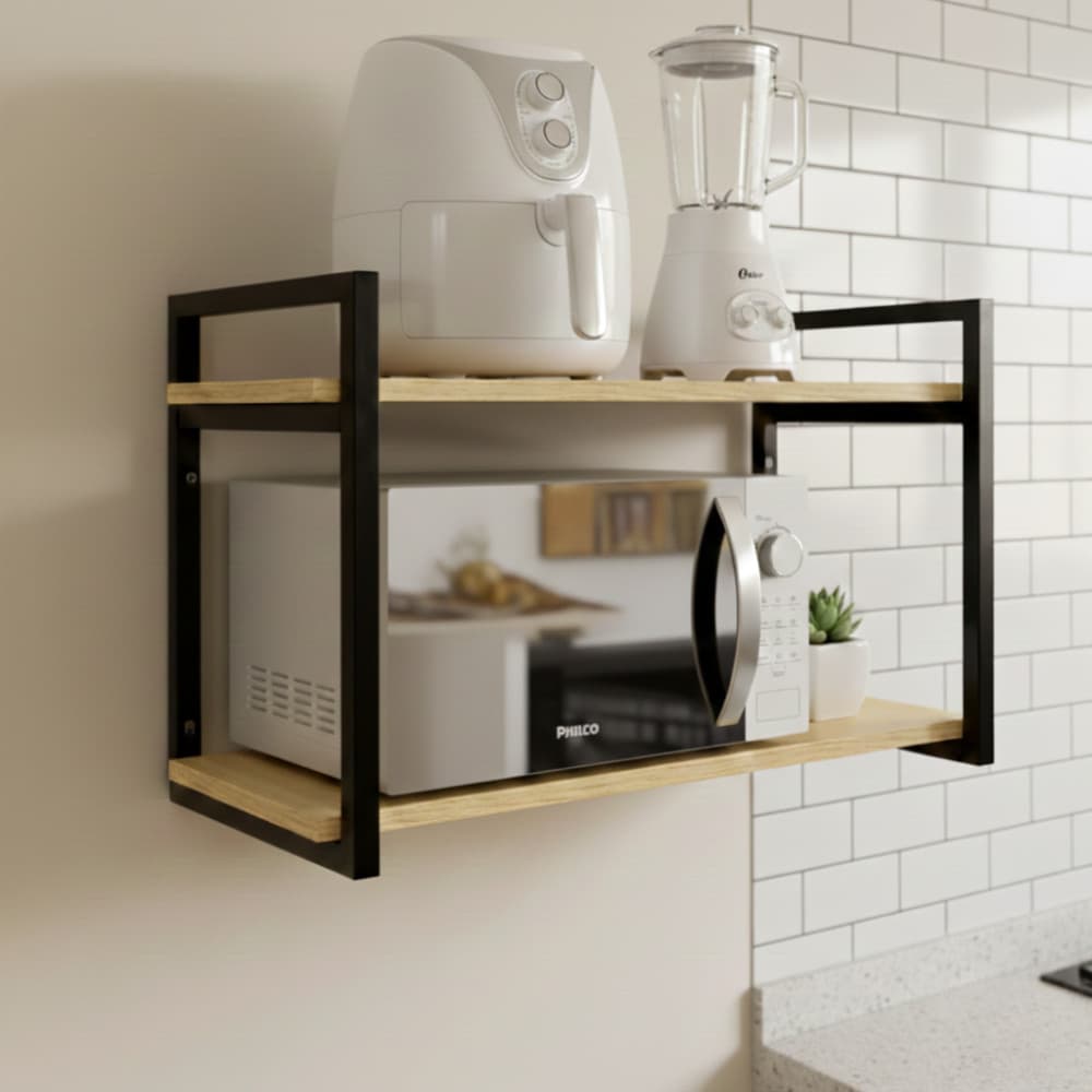 Prateleira de Parede Suporte Microondas 60cm Forno Air Fryer Nicho Industrial - Ferro Madeira Pinus