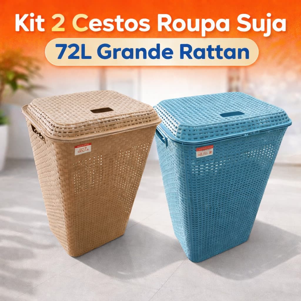 Kit 2 Cesto Roupa Suja 72L Grande Tampa Plástico Rattan Reforçado Lavanderia Banheiro Família Envio Rápido