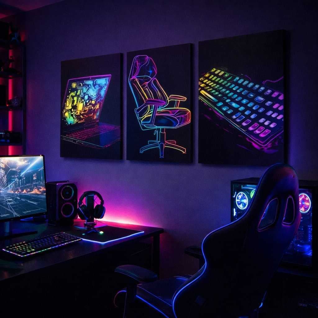 Kit 3 Quadros Setup Gamer Notebook Cadeira e Teclado RGB Decorativo Quarto Gamer