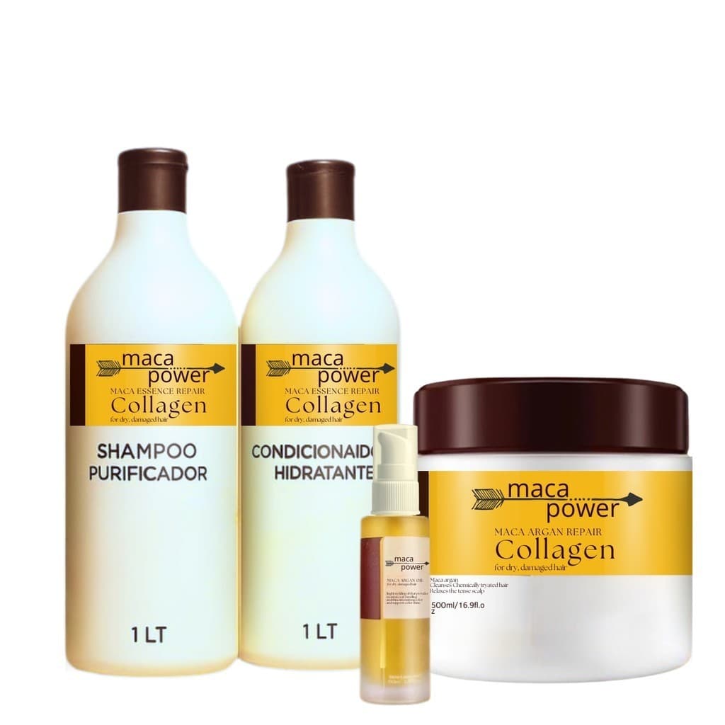 Kit 4 em 1 Maca Shampoo Purificador e Condicionador Hidratante 1L +  Máscara Hidratação 500g + Óleo Reparador 60ml